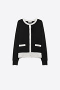 Cardigan de Ajuste Regular com Acabamento Contrastante de Malha Fina na Cor Preta