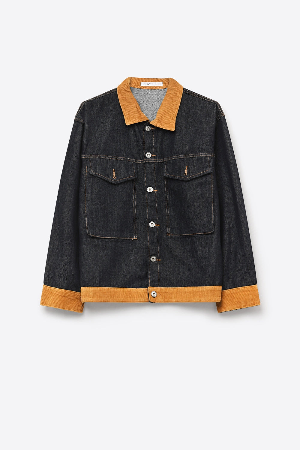 Jaqueta Ajustada Azul Denim com Gola de Veludo Cotelê e Botões na Frente