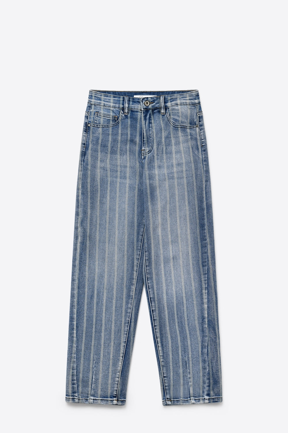 Jeans mom Leg de Denim com estampa de listras em lavagem média