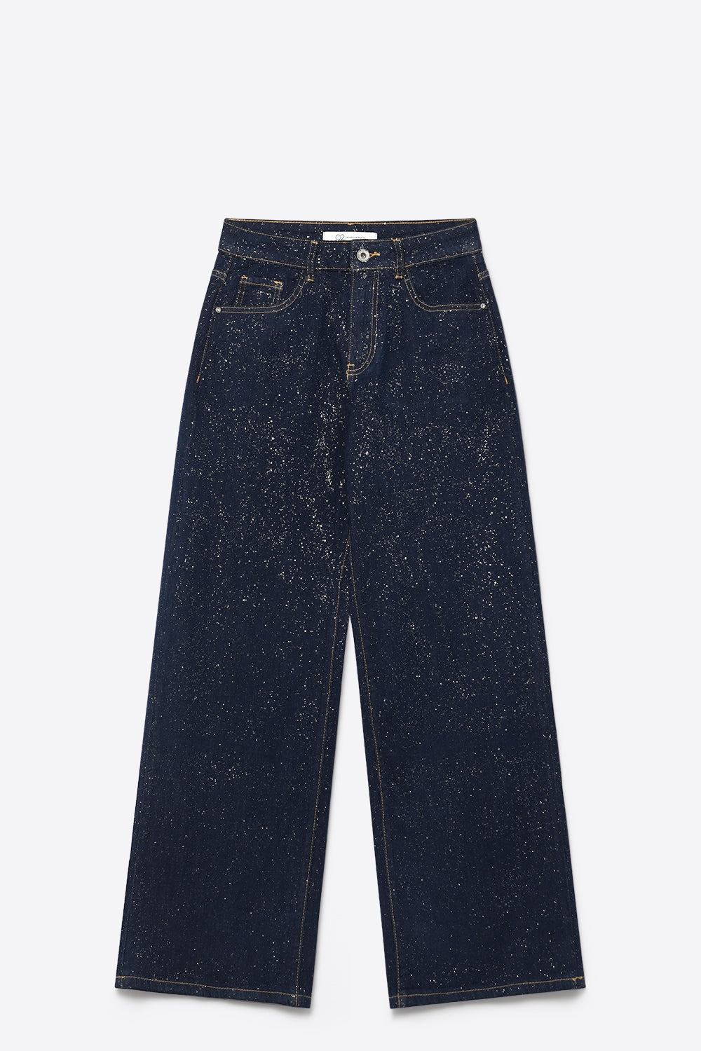 Jeans Azul Escuro de Perna Larga com glitter na frente