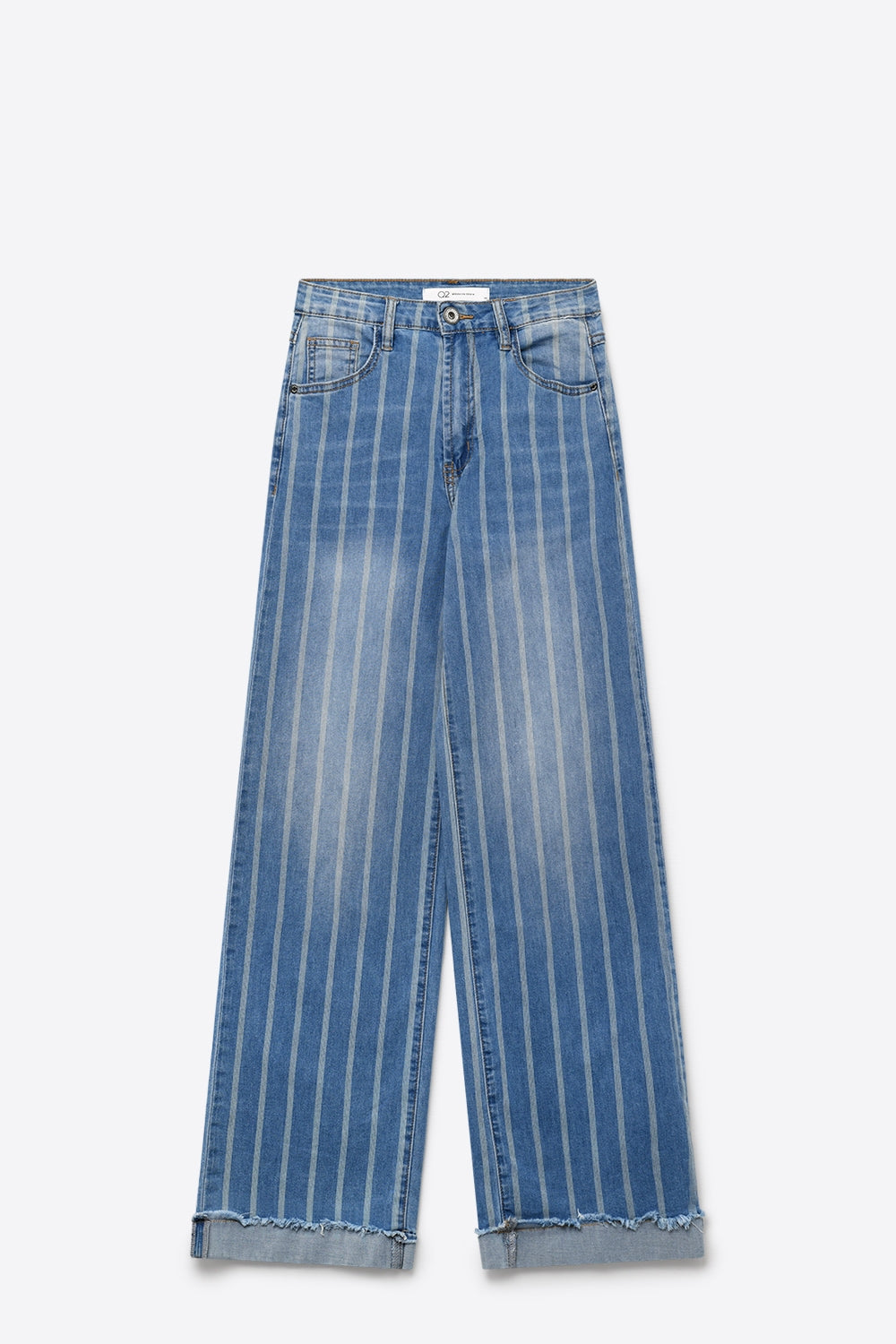 Jeans Azul de Lavagem Média com Design de Listras e Barra Desfiada