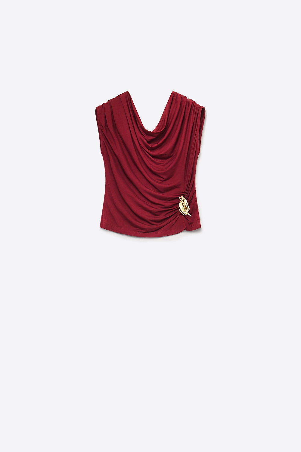 Top de viscose leve na cor borgonha com detalhe dourado e sem mangas drapeadas