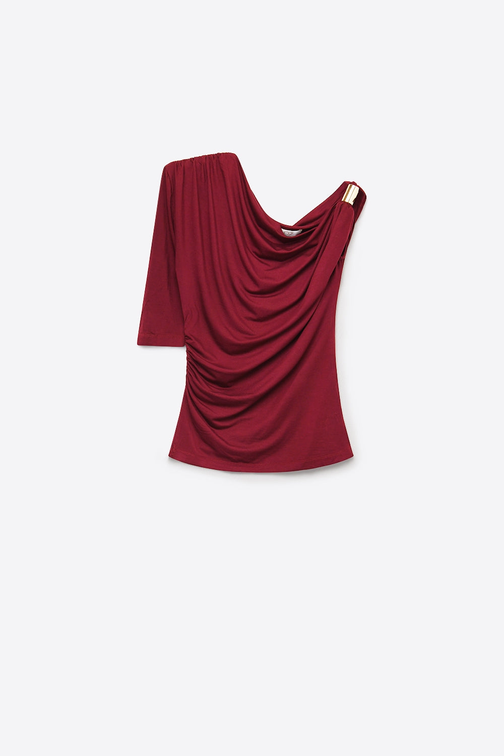 Top de Ombro Único com Drapeado de Jersey Elástico em Borgonha com Detalhe de Metal