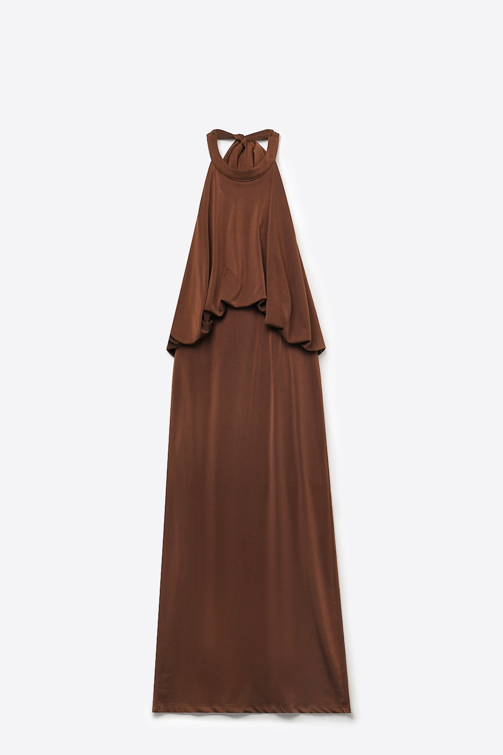 Vestido Maxi de Pescoço Halter em Tecido Macio e Elástico na cor marrom