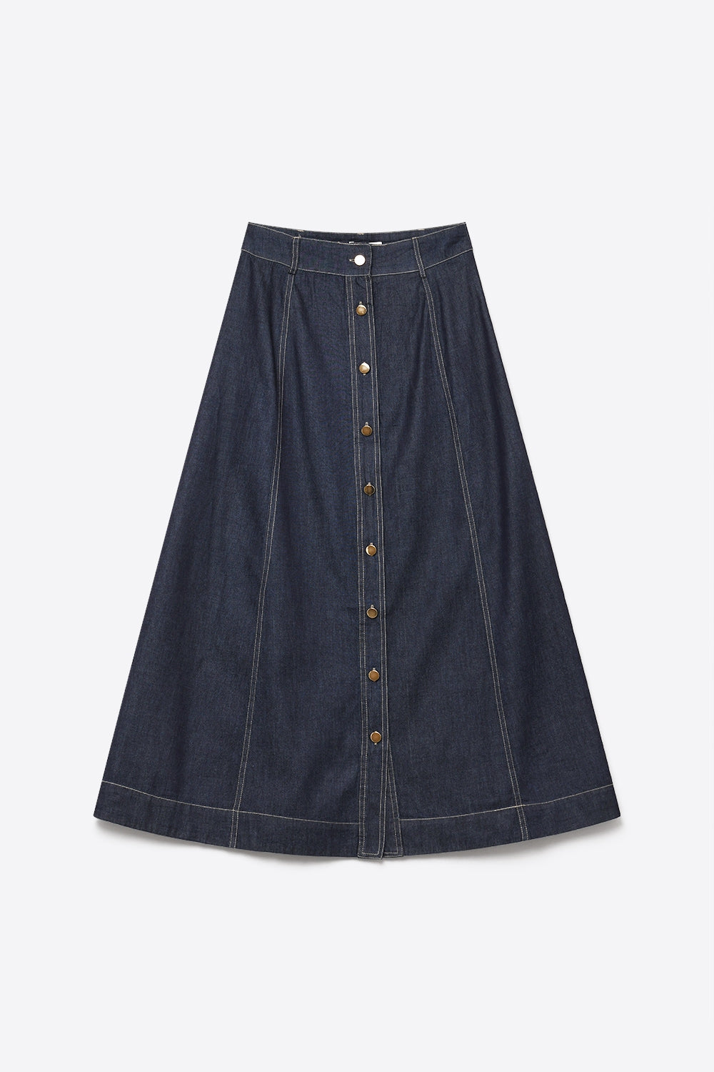 Saia midi em denim azul escuro com costura contrastante e botões frontais em linha A