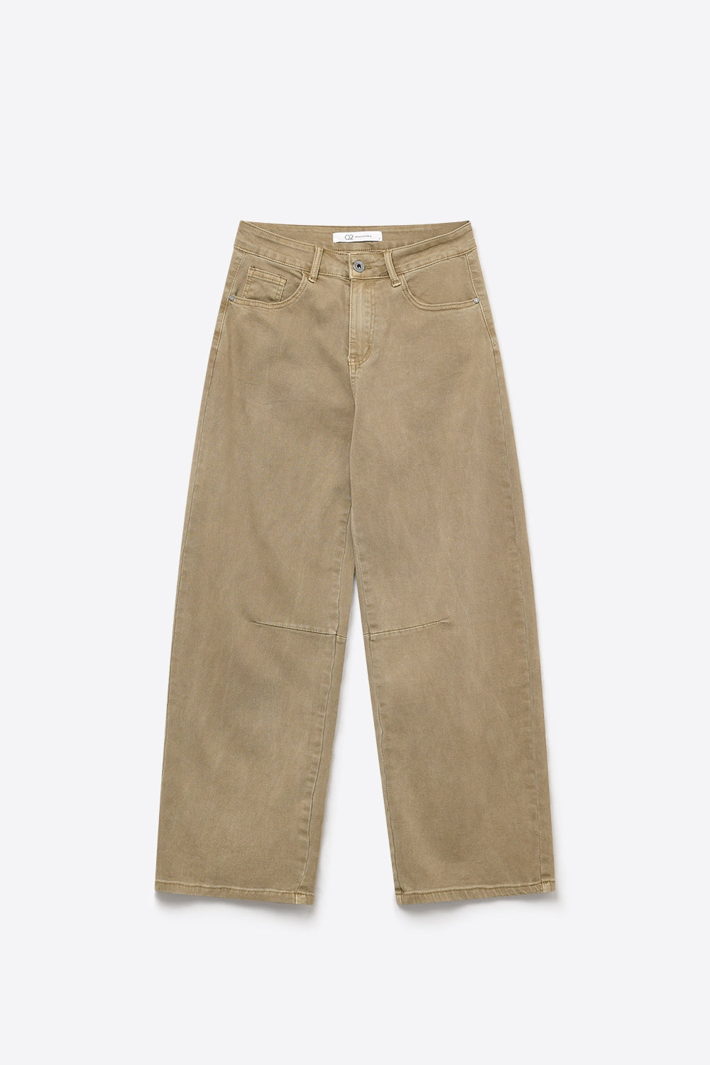 Jeans Bege de Denim Macio com Stretch e Perna Larga com costura no joelho