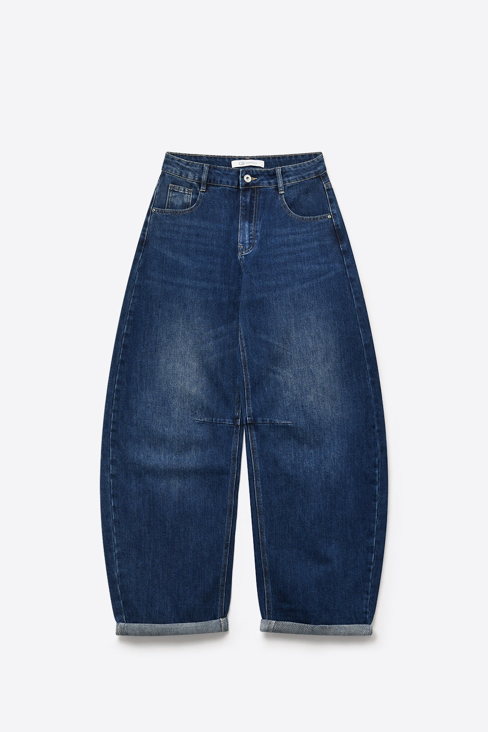 Calça Jeans Azul Escuro com Barra Dobrada e Estilo de Perna Larga