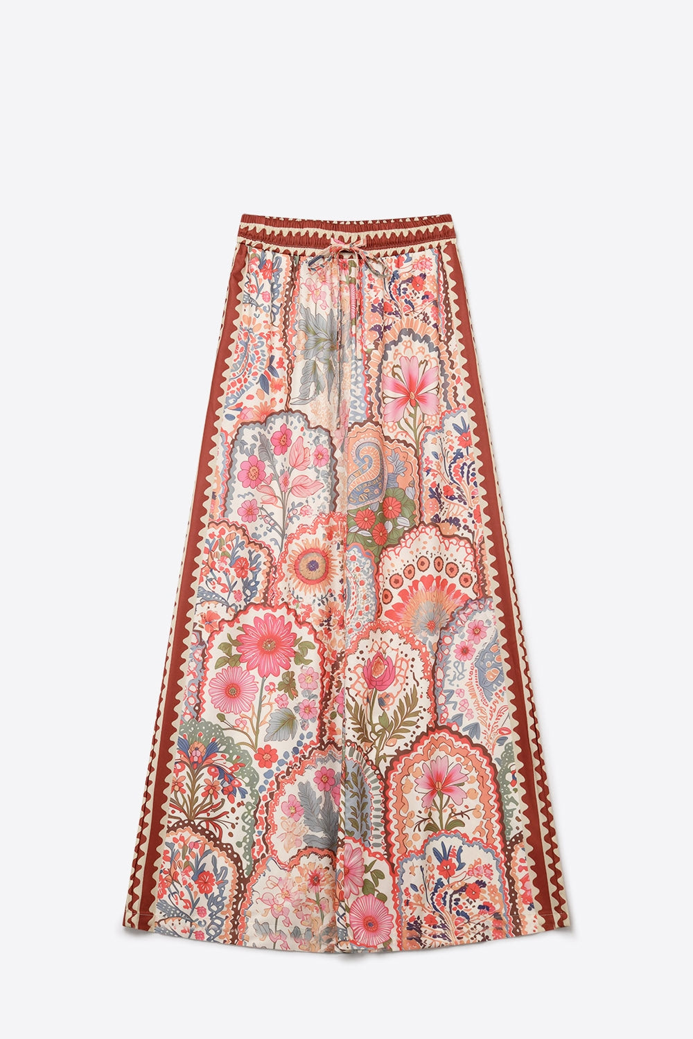 Pantalonas de tecido leve e estampado floral multicolorido com cintura larga