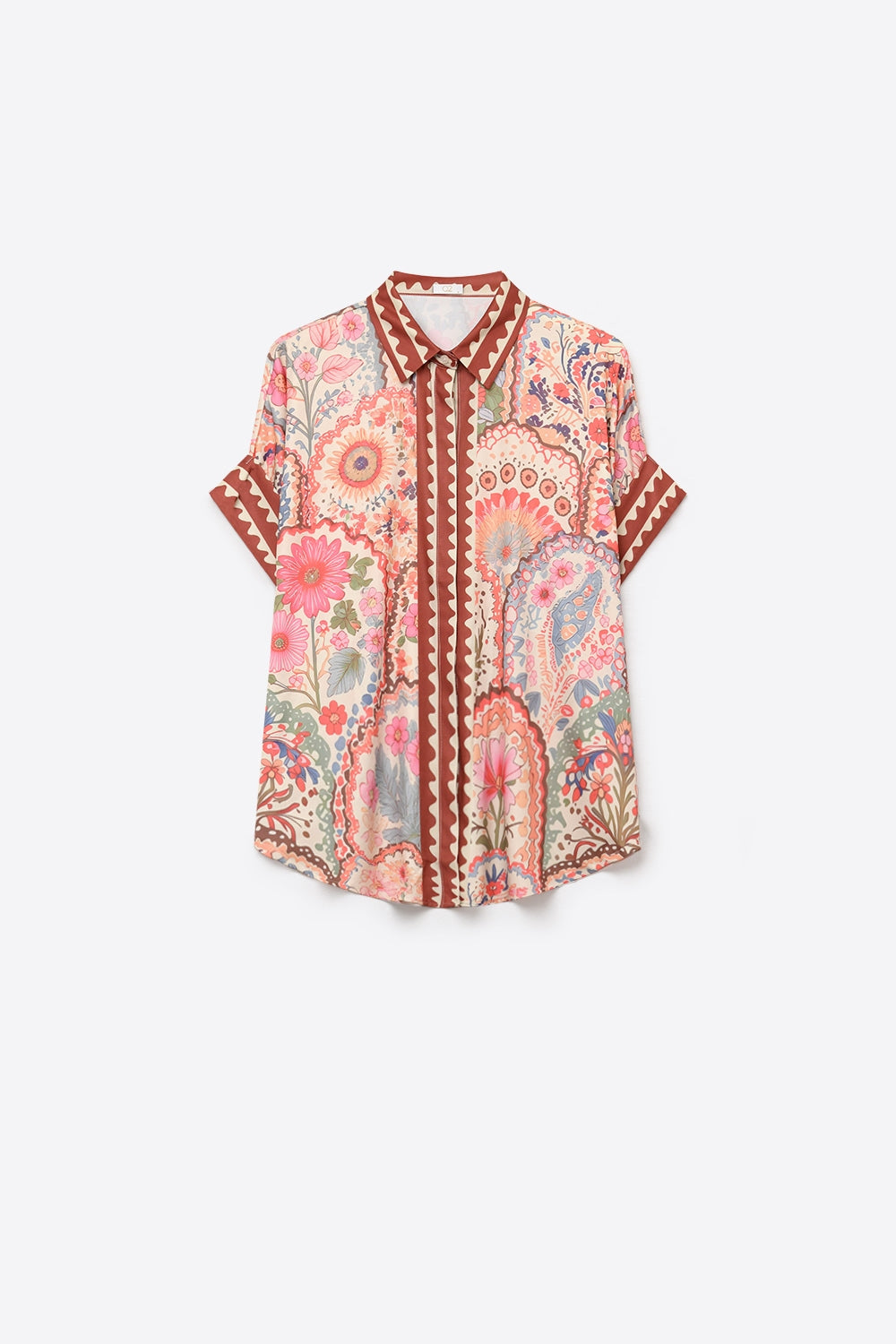 Camisa de Tecido Leve com Estampa Floral Multicolorida e Acabamento Contrastante