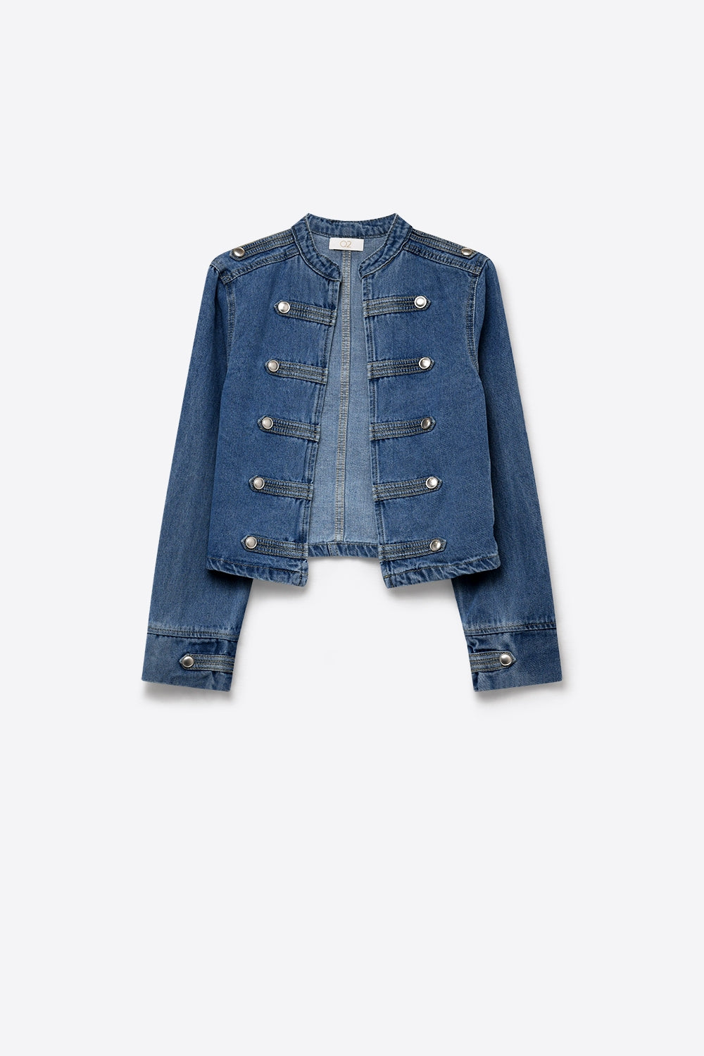 Jaqueta Cropped de Botões Militares em Denim Azul Rígido Sem Elasticidade