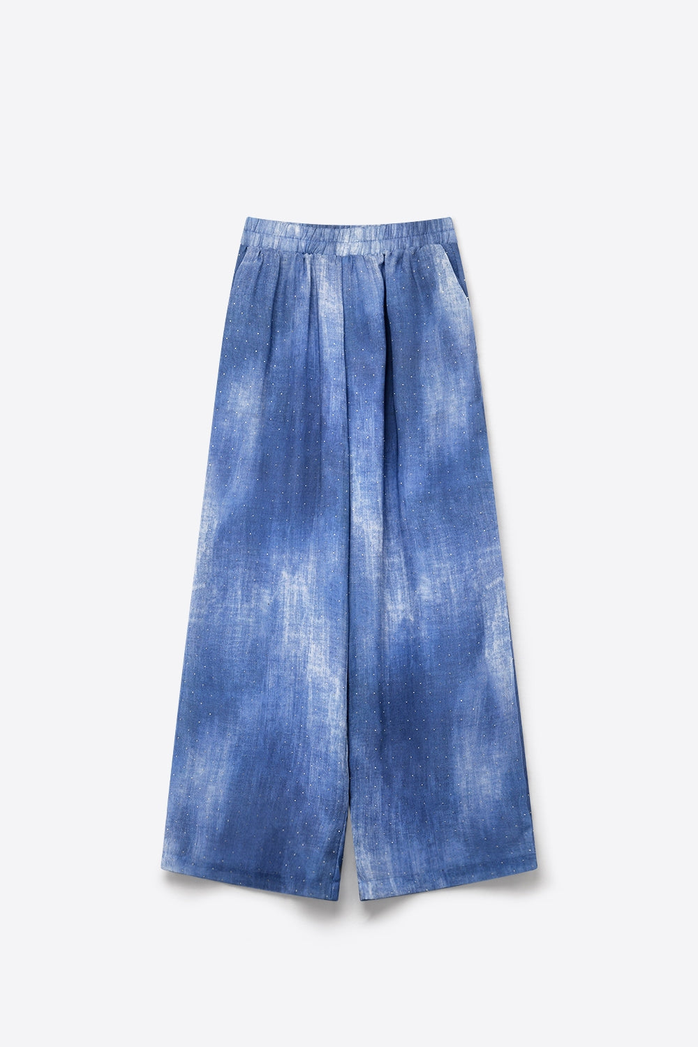 Calças de Cintura Elástica em Chiffon Azul Tie-Dye com Strass Embutido