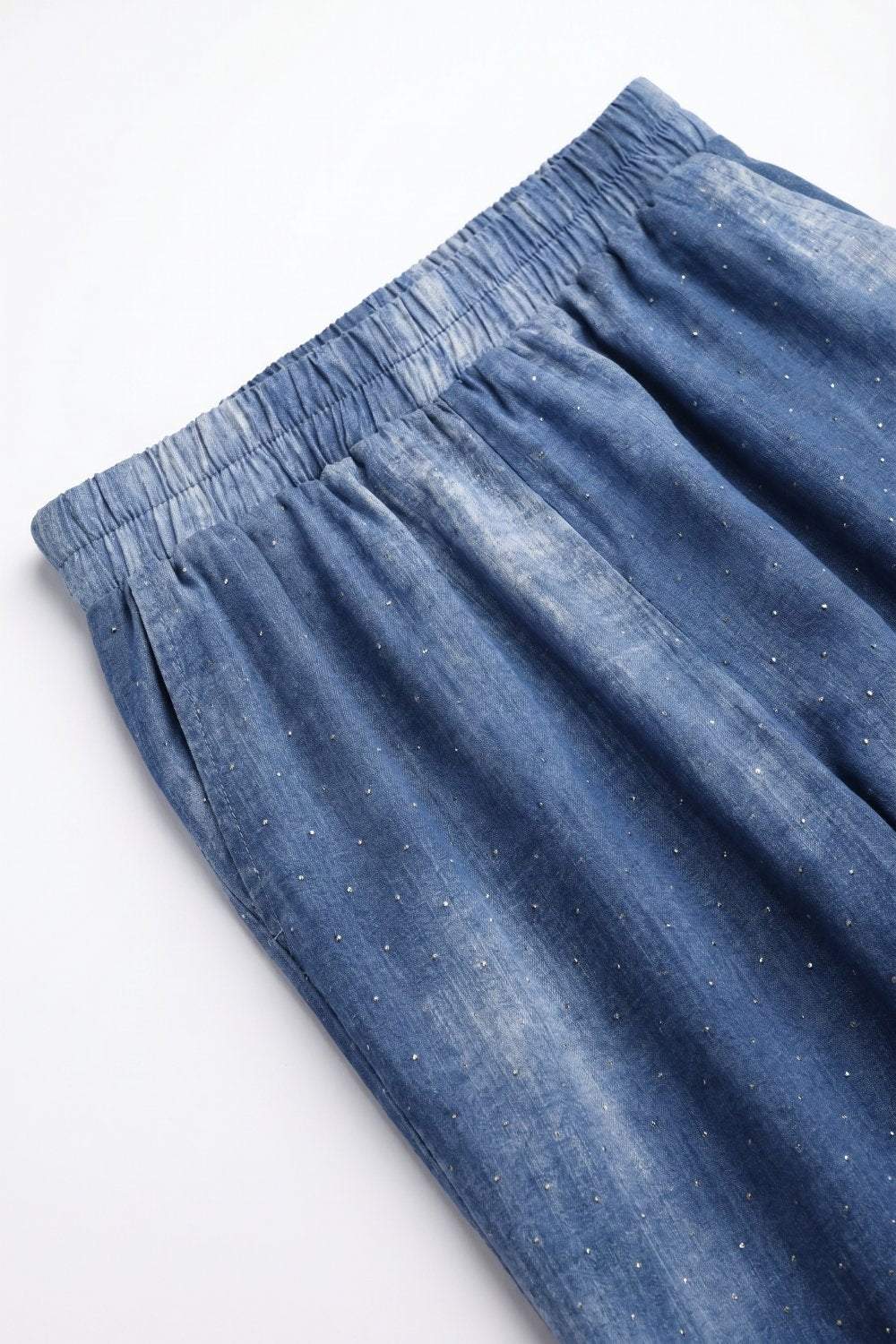 Calças de Cintura Elástica em Chiffon Azul Tie-Dye com Strass Embutido