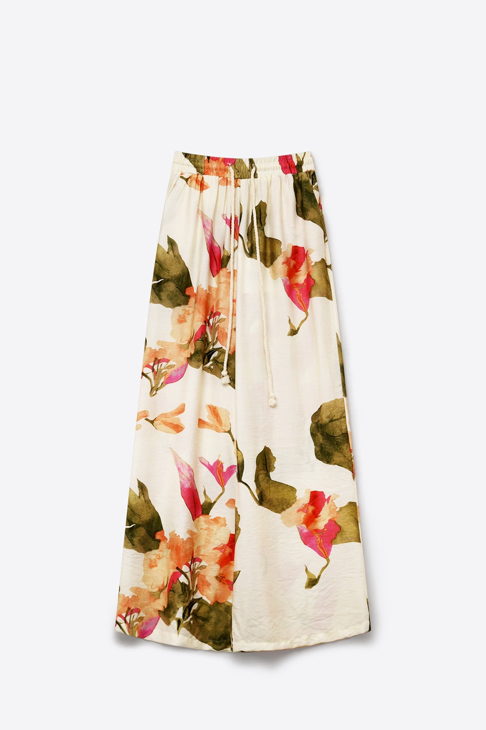 Calças largas com estampa floral em creme e cintura elástica