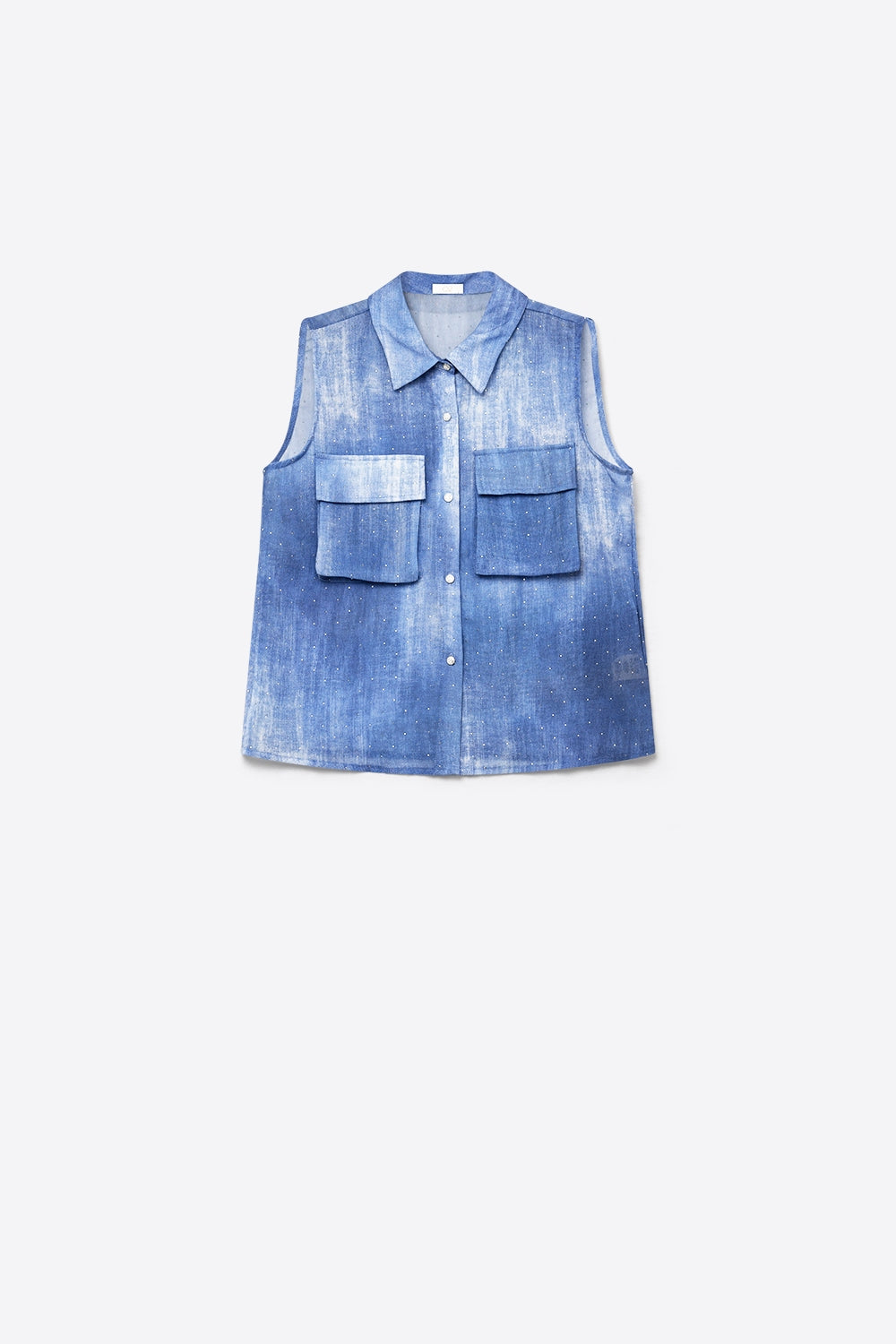 Camiseta sem mangas azul tie-dye com strass embelezado