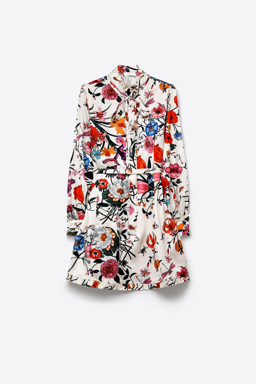 Vestido Mini de Manga Longa com Cinto Estampa Floral Branca em Tecido Leve