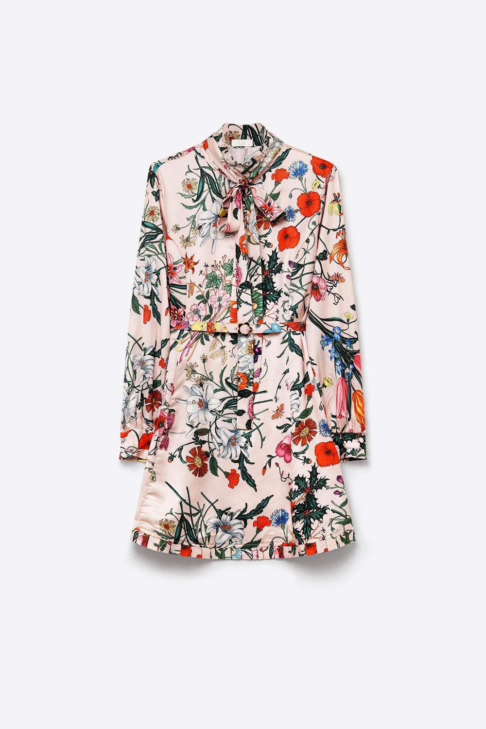 Vestido Mini de Cetim com Estampa Floral Rosa Gola com Laço e Cinto
