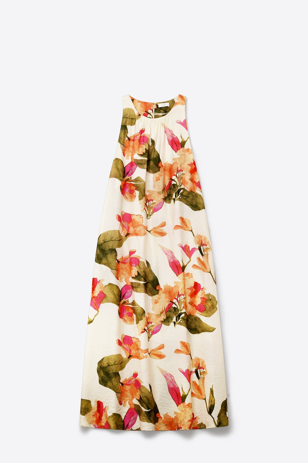 Vestido maxi sem mangas tecido leve estampa floral creme corte descontraído