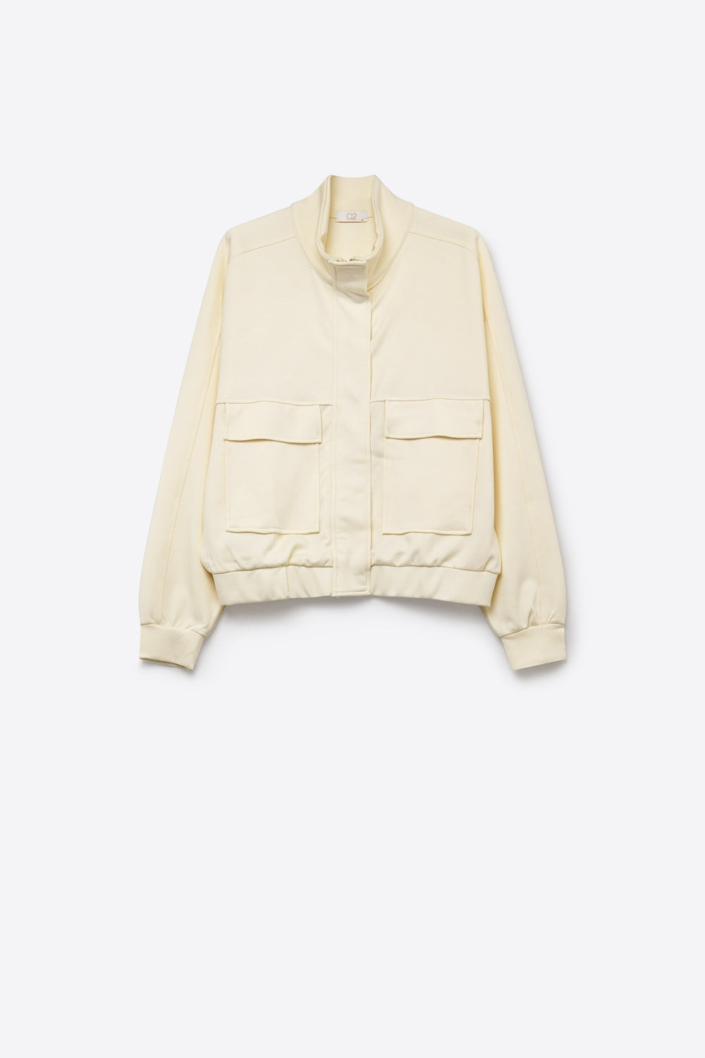 Jaqueta Bomber de Viscose Creme com Gola Alta e Bolsos Frontais de Caimento Relaxado