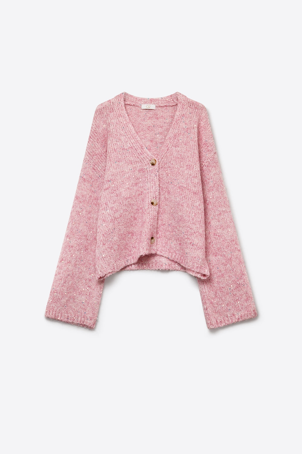 Cardigan Rosa de Malha Fofa com Botões na Frente e Ajuste Relaxado com Detalhes em Lantejoulas