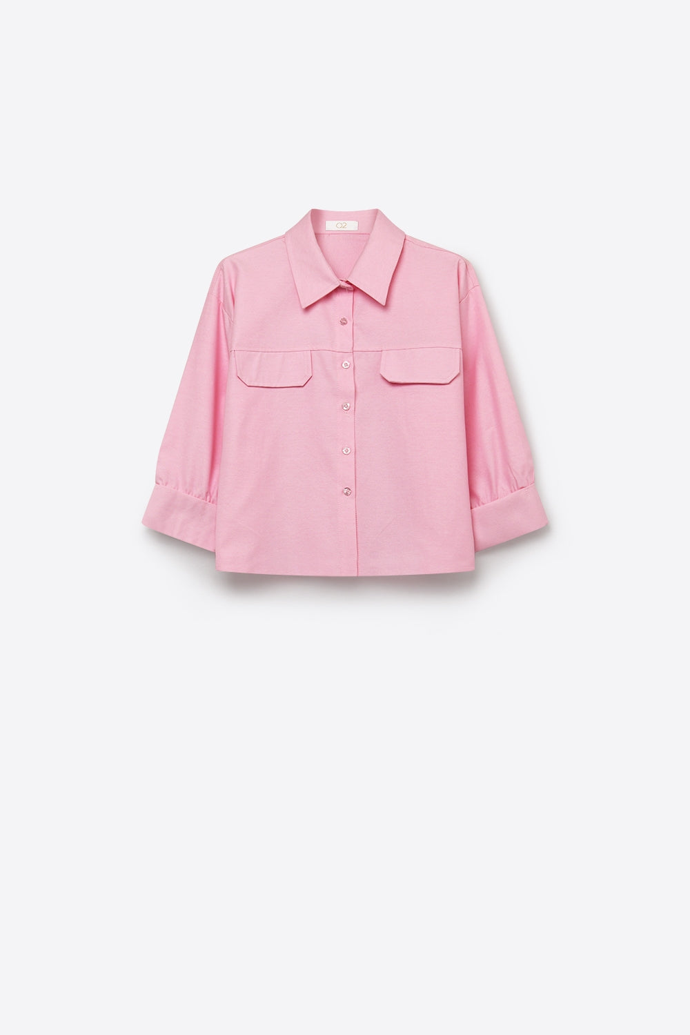 Camisa Cropped de Tecido Oxford Rosa com Bolsos no Peito