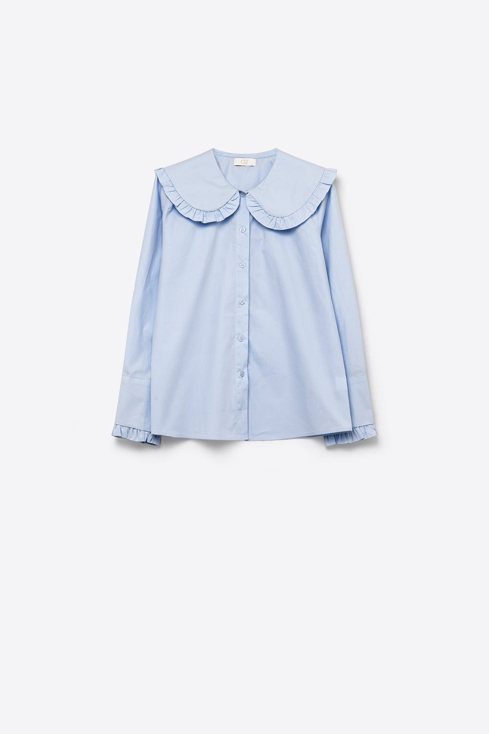 Camisa Regular Fit de Manga Longa com Gola de Babado em Popeline Azul Claro