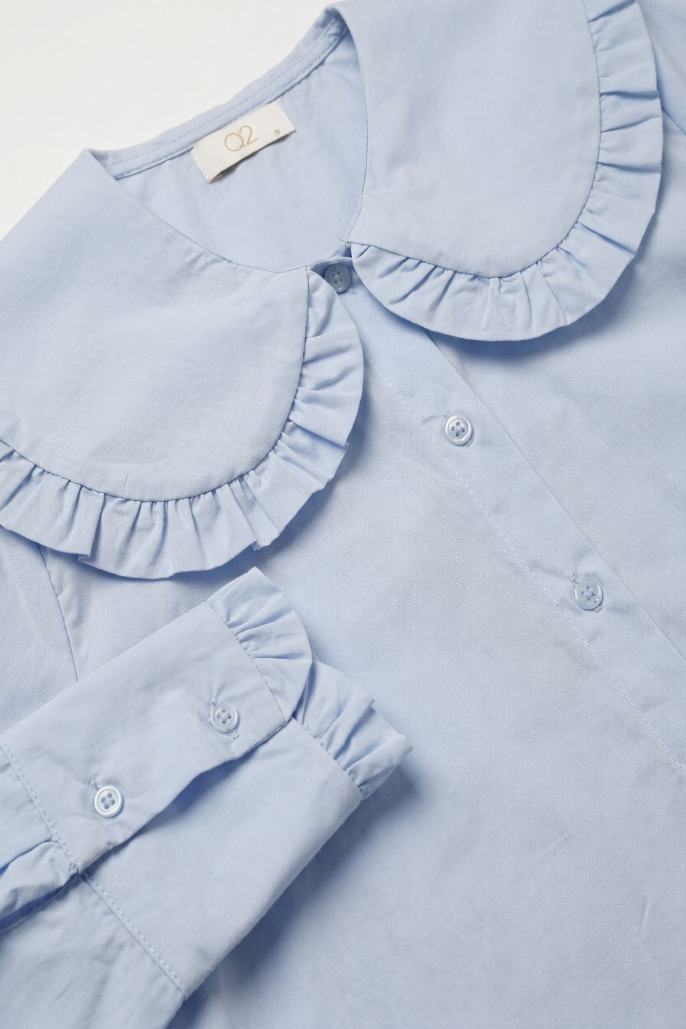 Camisa Regular Fit de Manga Longa com Gola de Babado em Popeline Azul Claro