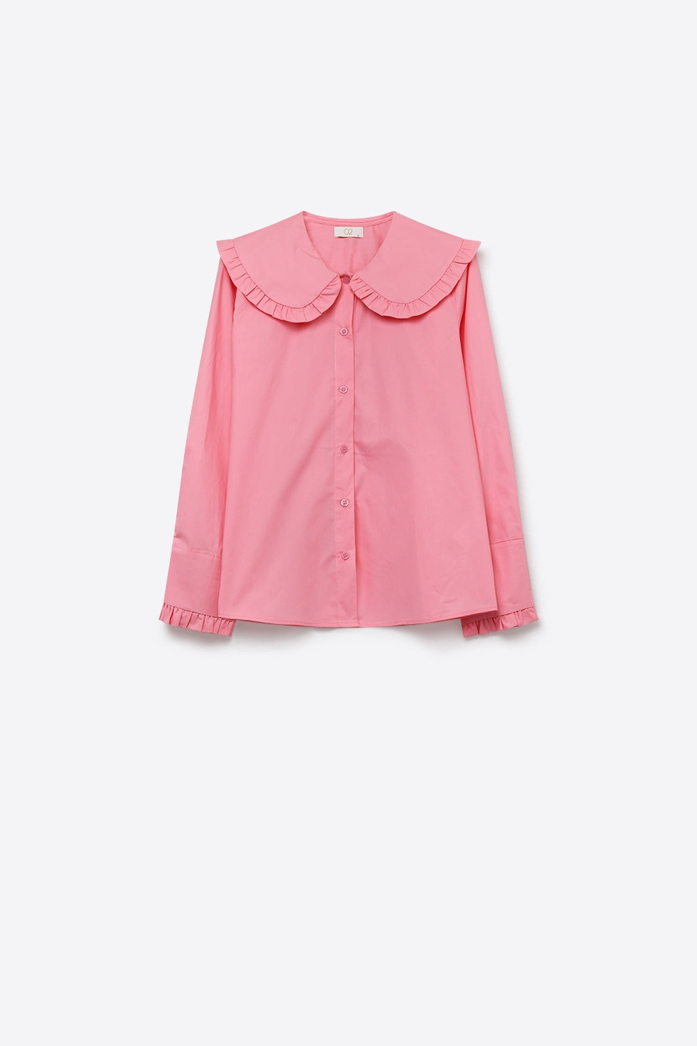 Camisa de Manga Longa com Babado em Popeline de Algodão Rosa com Gola Estilo Prairie