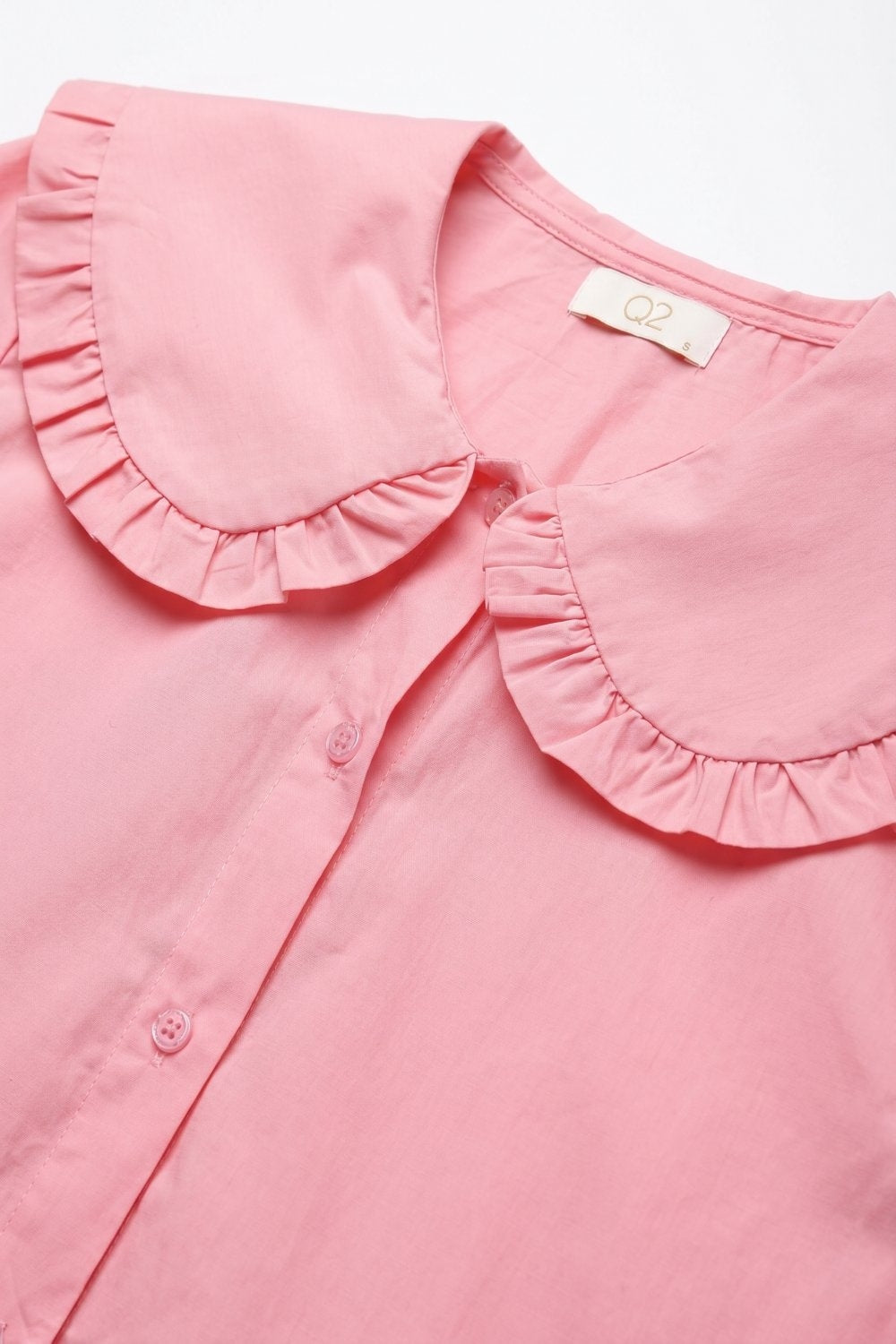 Camisa de Manga Longa com Babado em Popeline de Algodão Rosa com Gola Estilo Prairie
