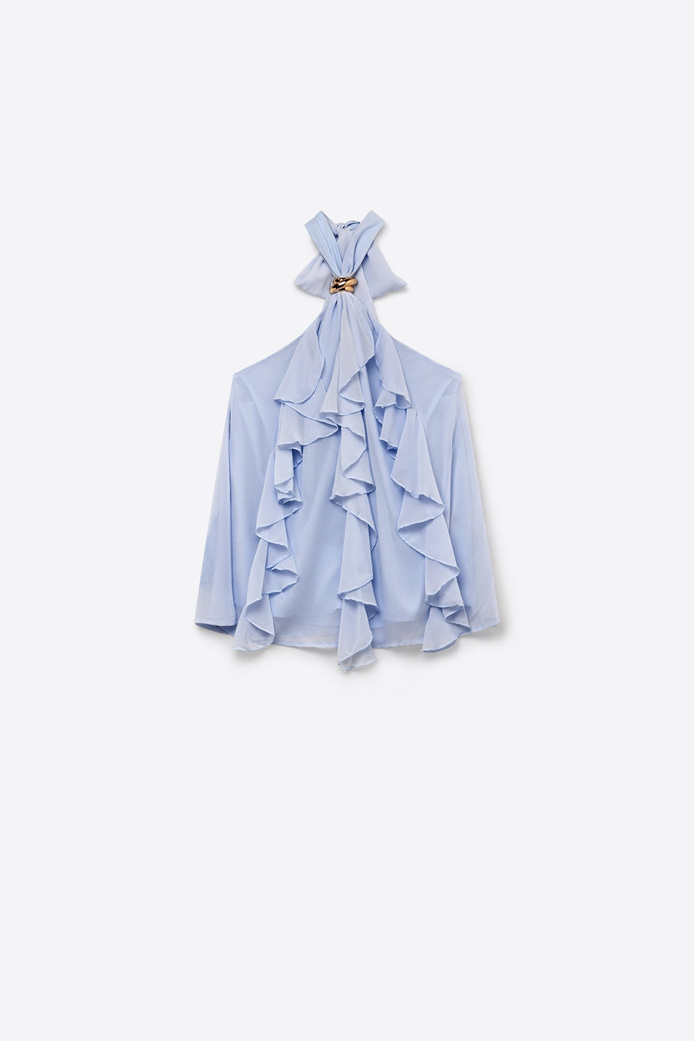 Top de Gola Halter com Babados de Chiffon em Azul Claro