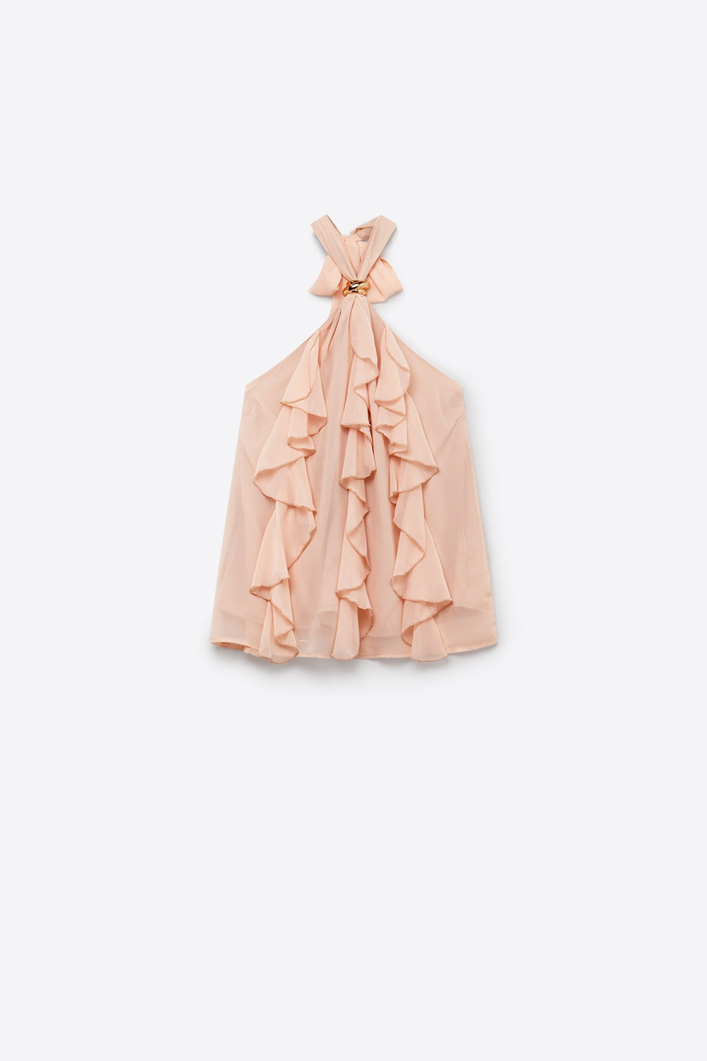 Detalhe de Babado em Chiffon com Decote Halter Sem Mangas em Rosa Claro