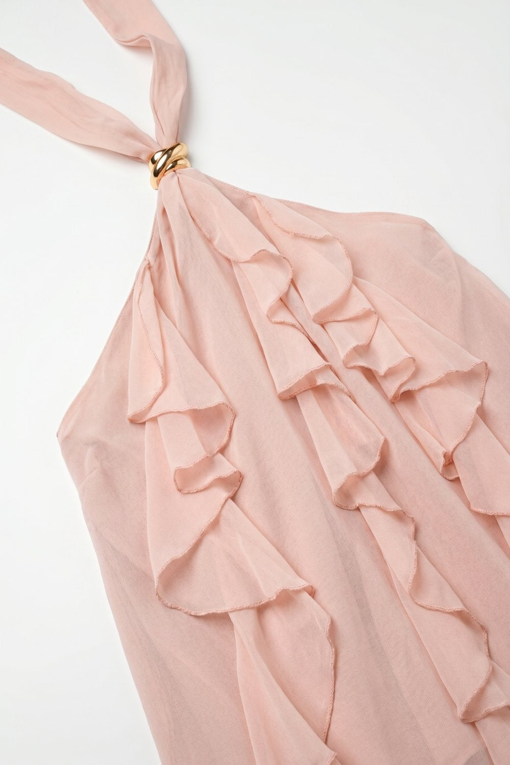 Detalhe de Babado em Chiffon com Decote Halter Sem Mangas em Rosa Claro