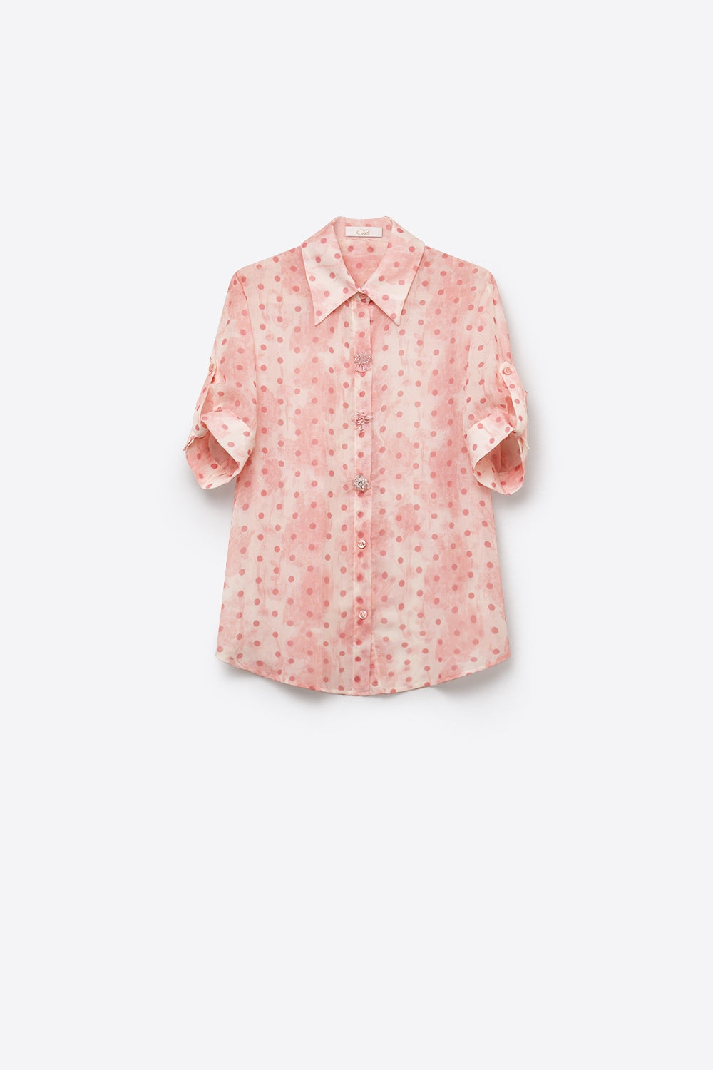 Camisa de Chiffon Rosa Claro com Poás e Detalhes de Botões de Cristal
