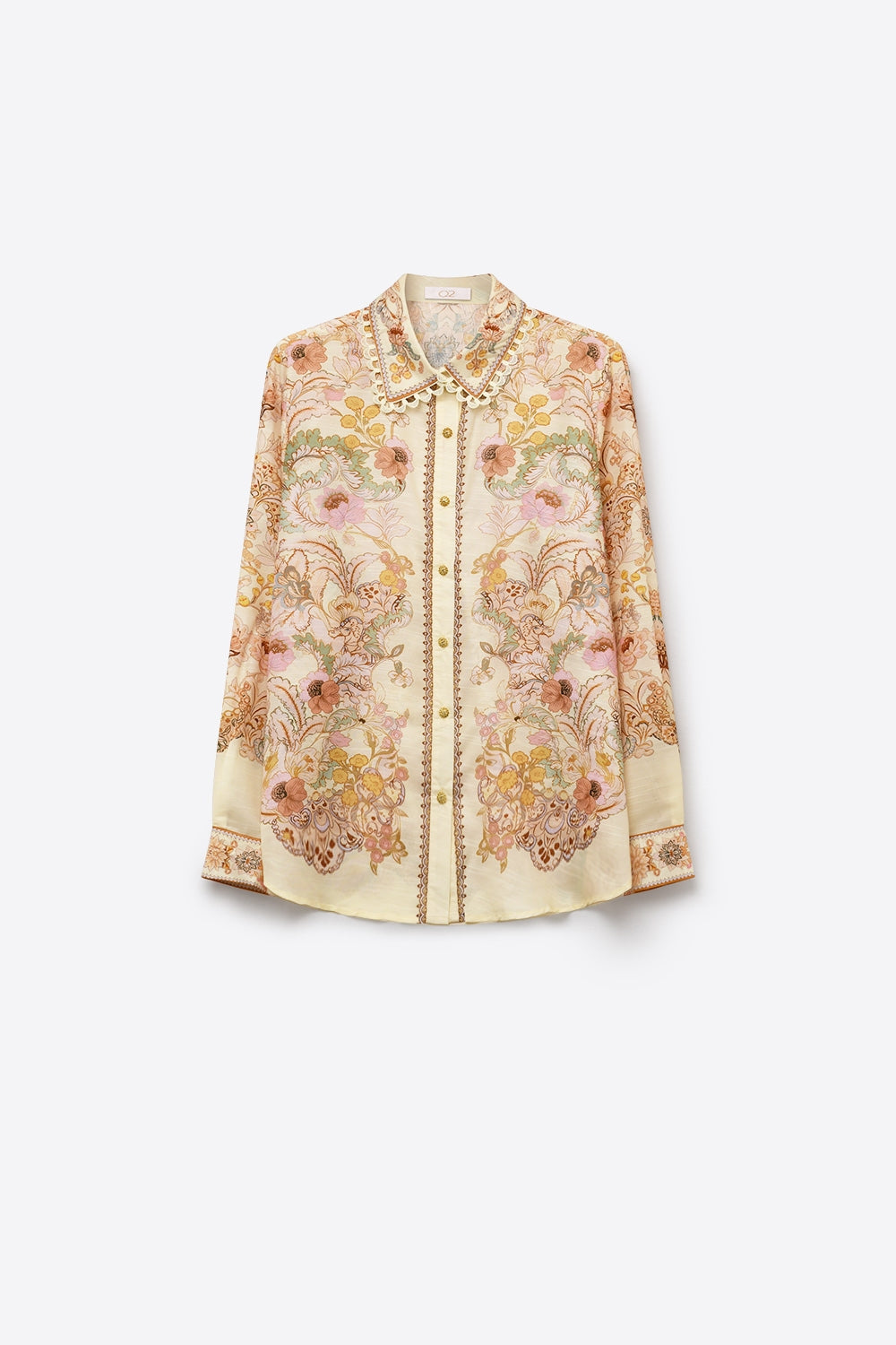 Camisa amarela manteiga com estampa floral e detalhe de renda