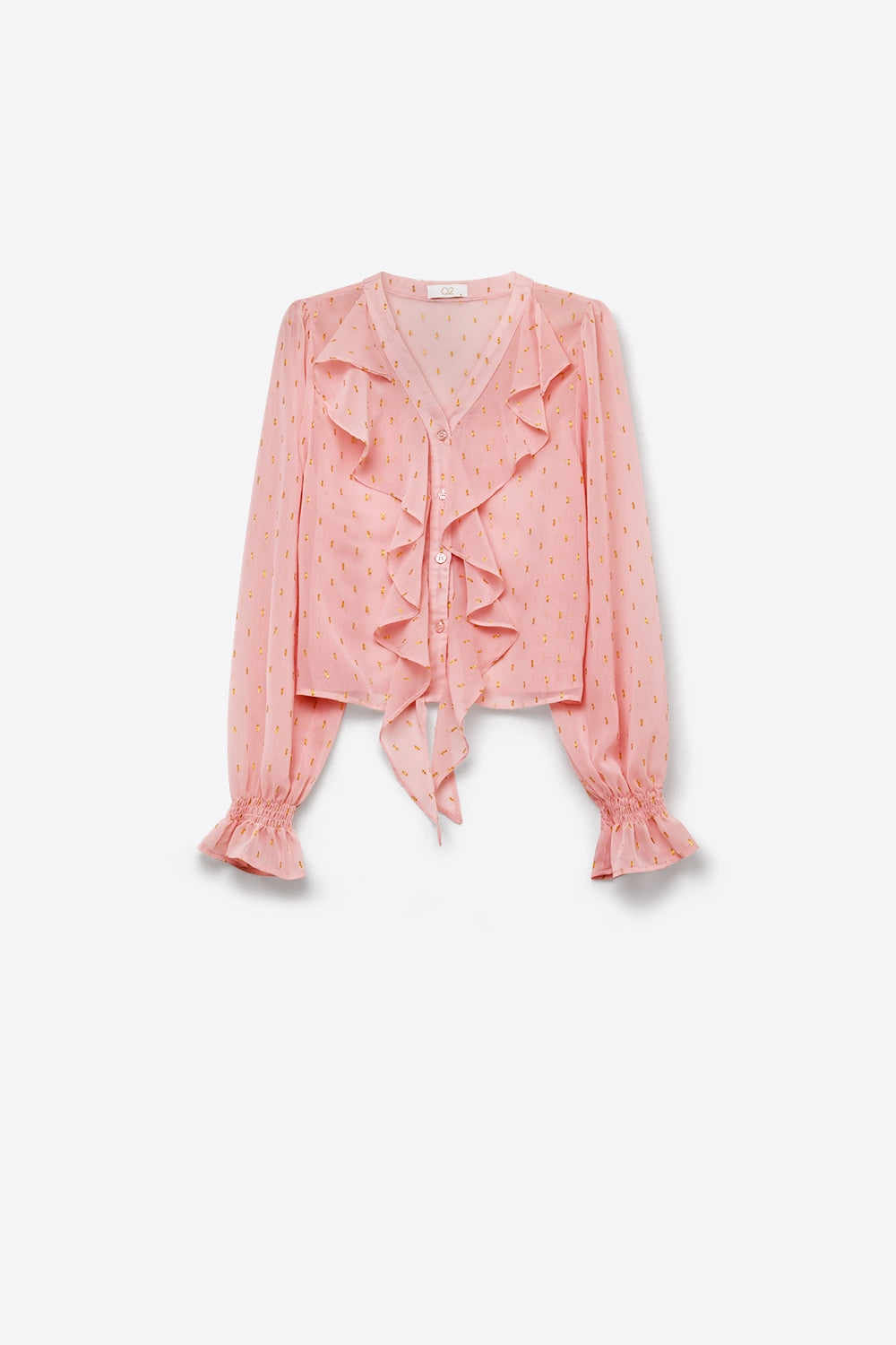 Blusa de Botão com Babado de Chiffon com Estampa de Bolinhas Douradas em Rosa Claro