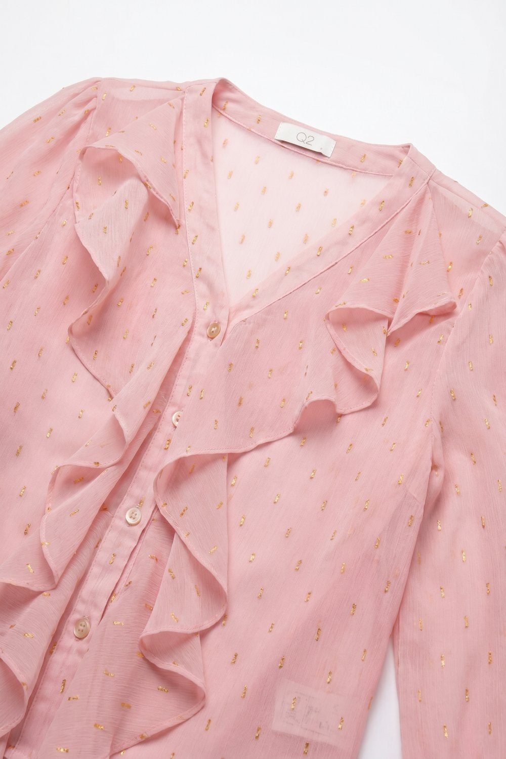 Blusa de Botão com Babado de Chiffon com Estampa de Bolinhas Douradas em Rosa Claro