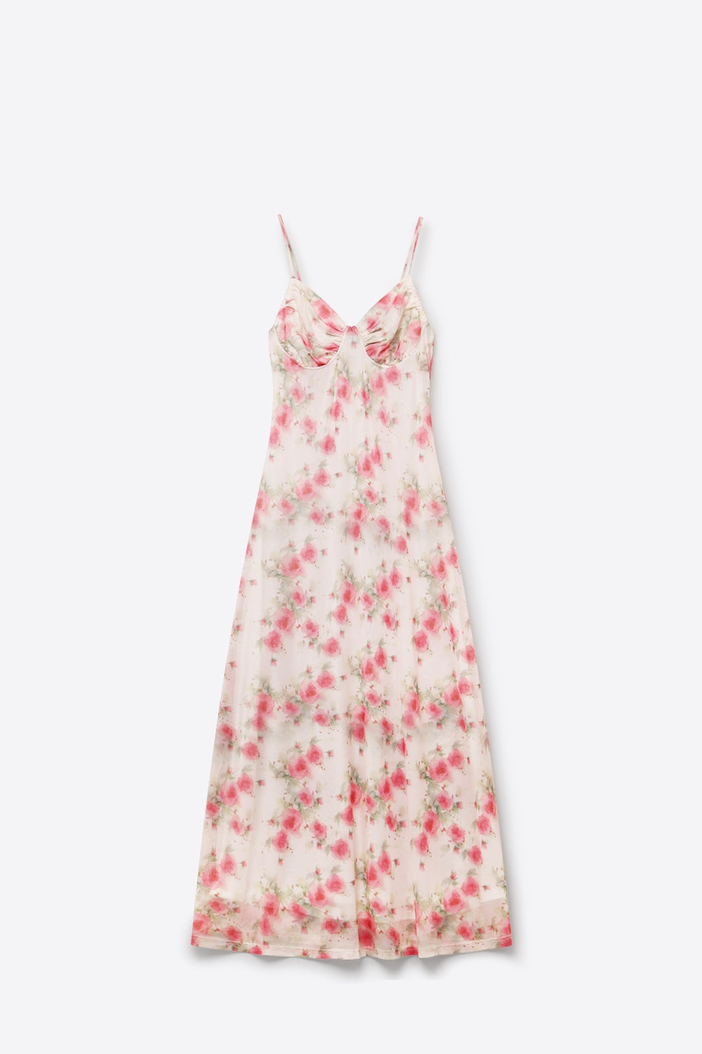 Vestido Maxi com Estampa Floral Creme e Busto Franzido em Tecido de Malha