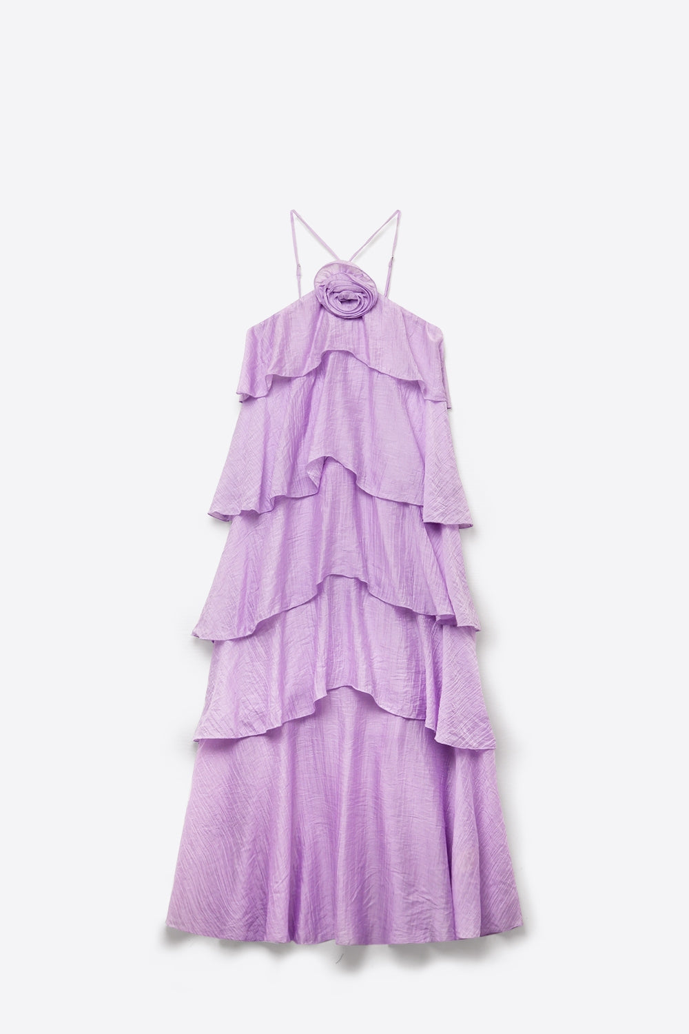 Vestido Longo com Detalhe de Rosa em Camadas Babados e Textura Amassada Lilás