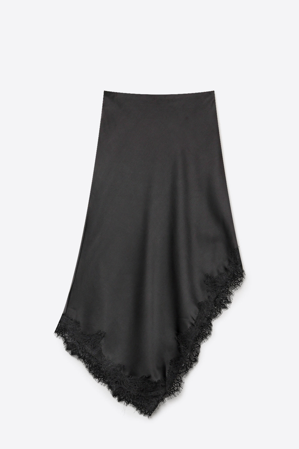 Saia Midi Assimétrica com Renda de Cetim Preto