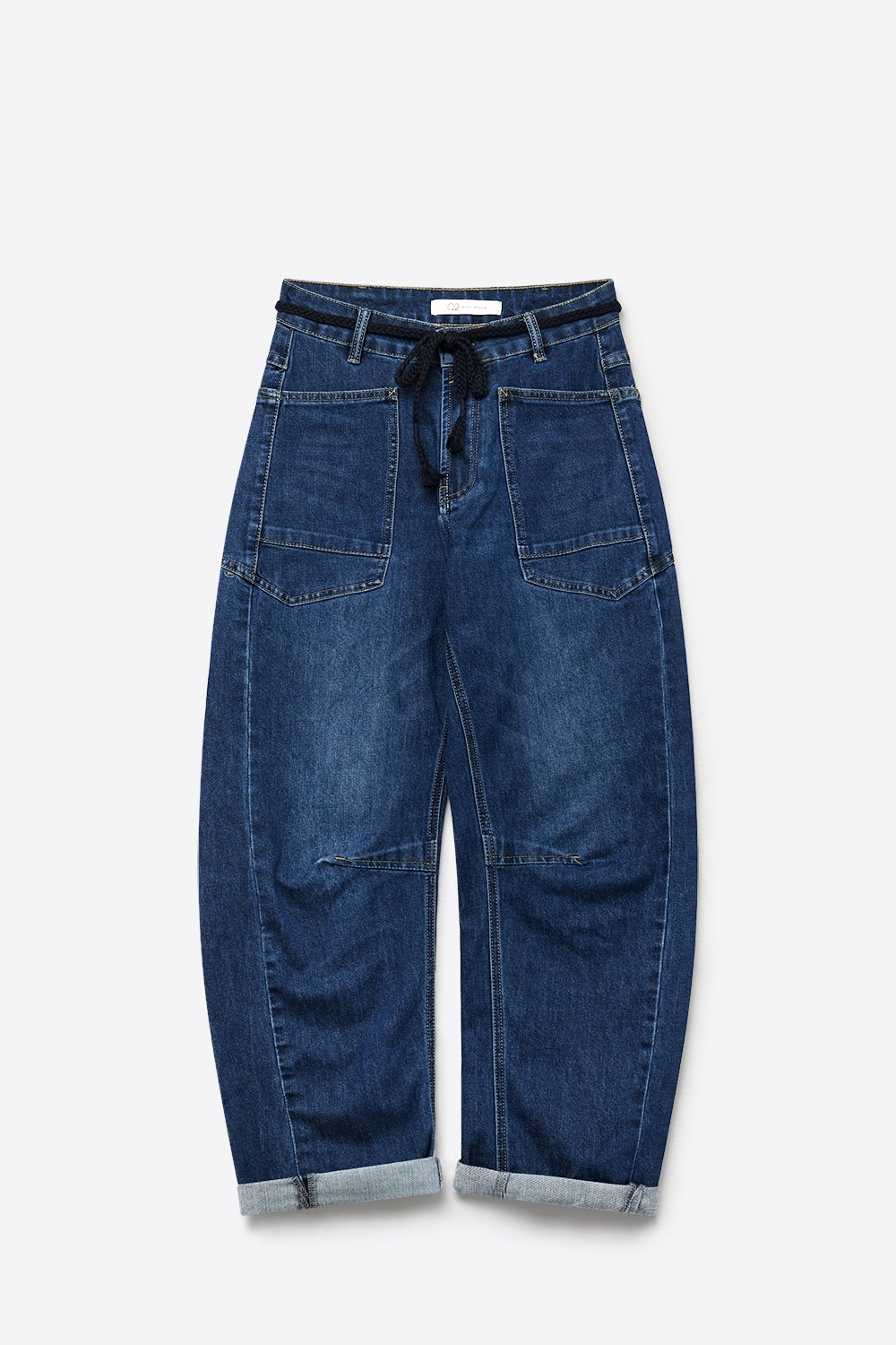 Jeans de Cintura com Cordão de Lavagem Escura com Barra Dobrada e Perna Larga