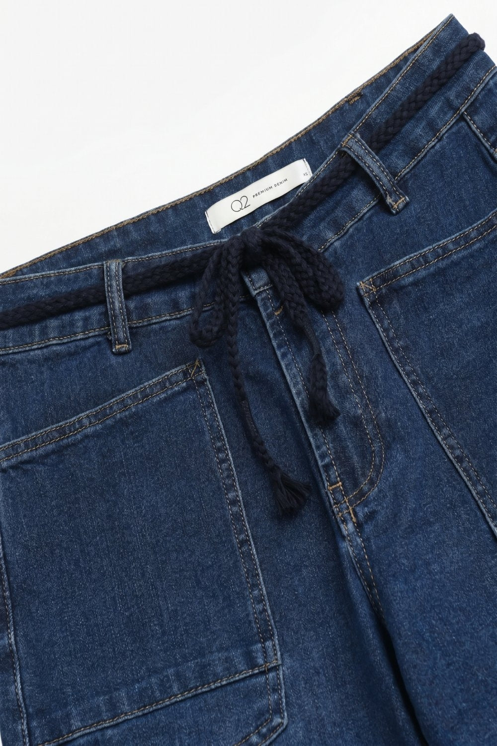 Jeans de Cintura com Cordão de Lavagem Escura com Barra Dobrada e Perna Larga