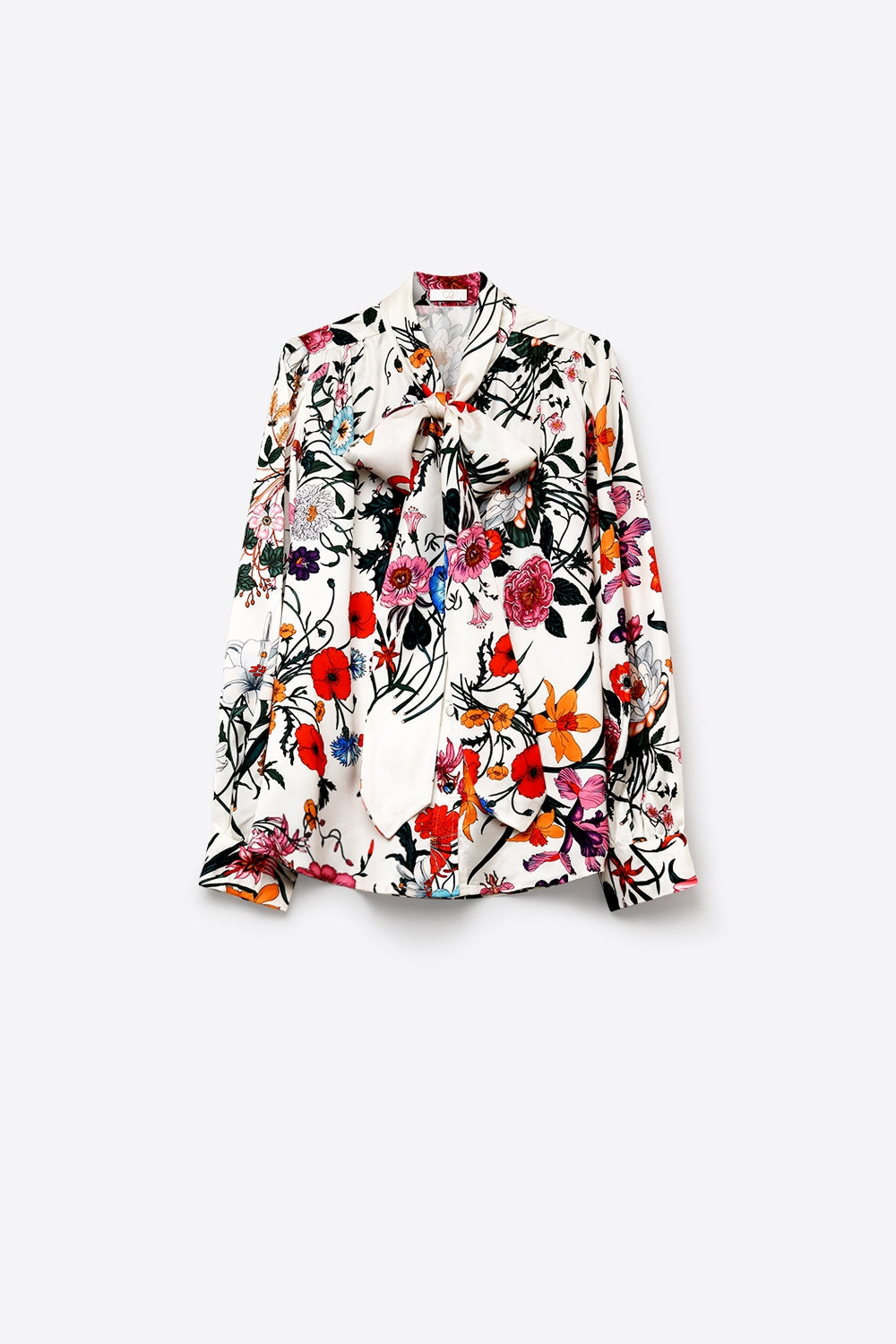 Blusa de Cetim com Estampa Floral Branca e Gola de Laço Manga Longa