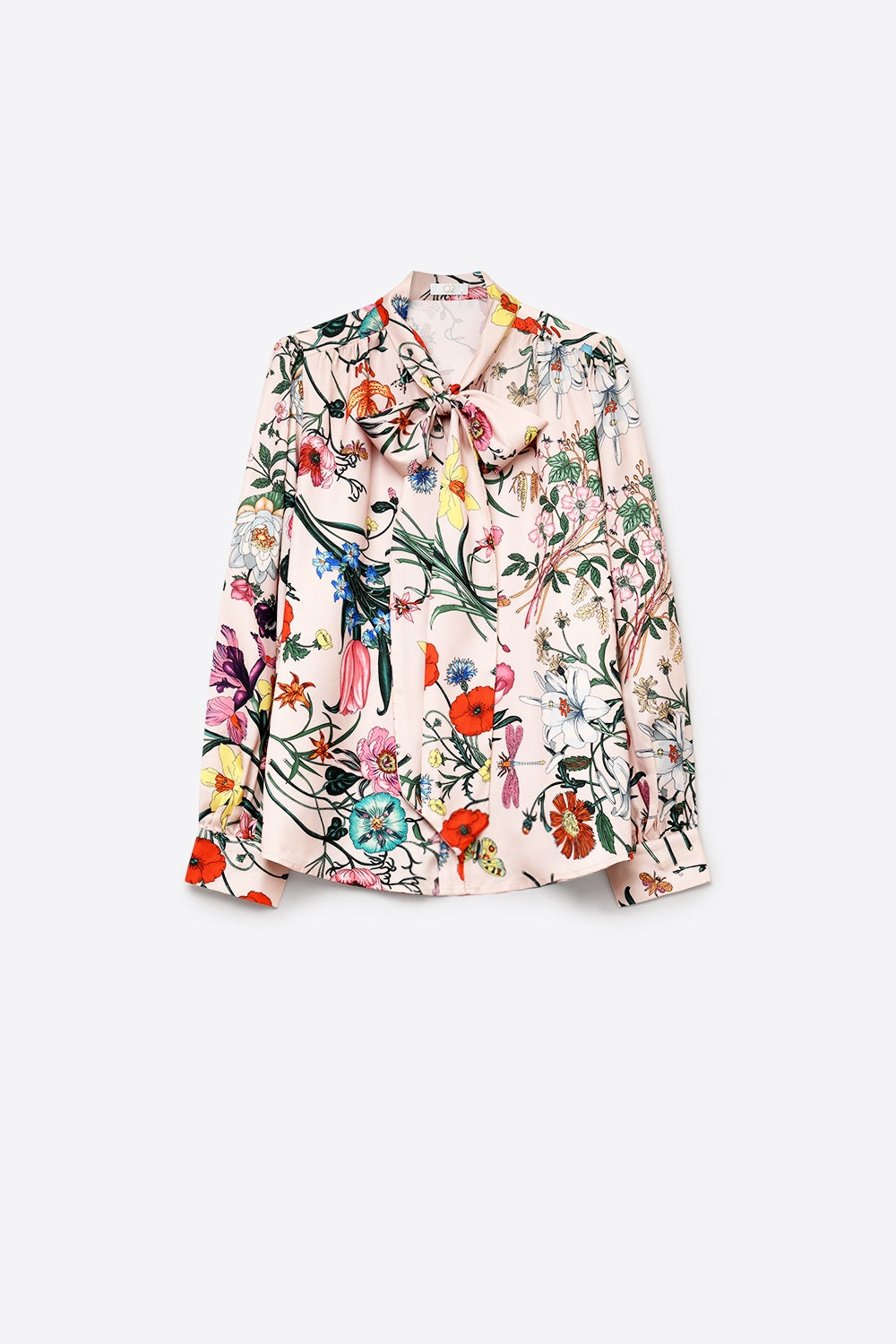 Blusa de Cetim Rosa Claro com Estampa Floral e Laço no Pescoço de Manga Longa