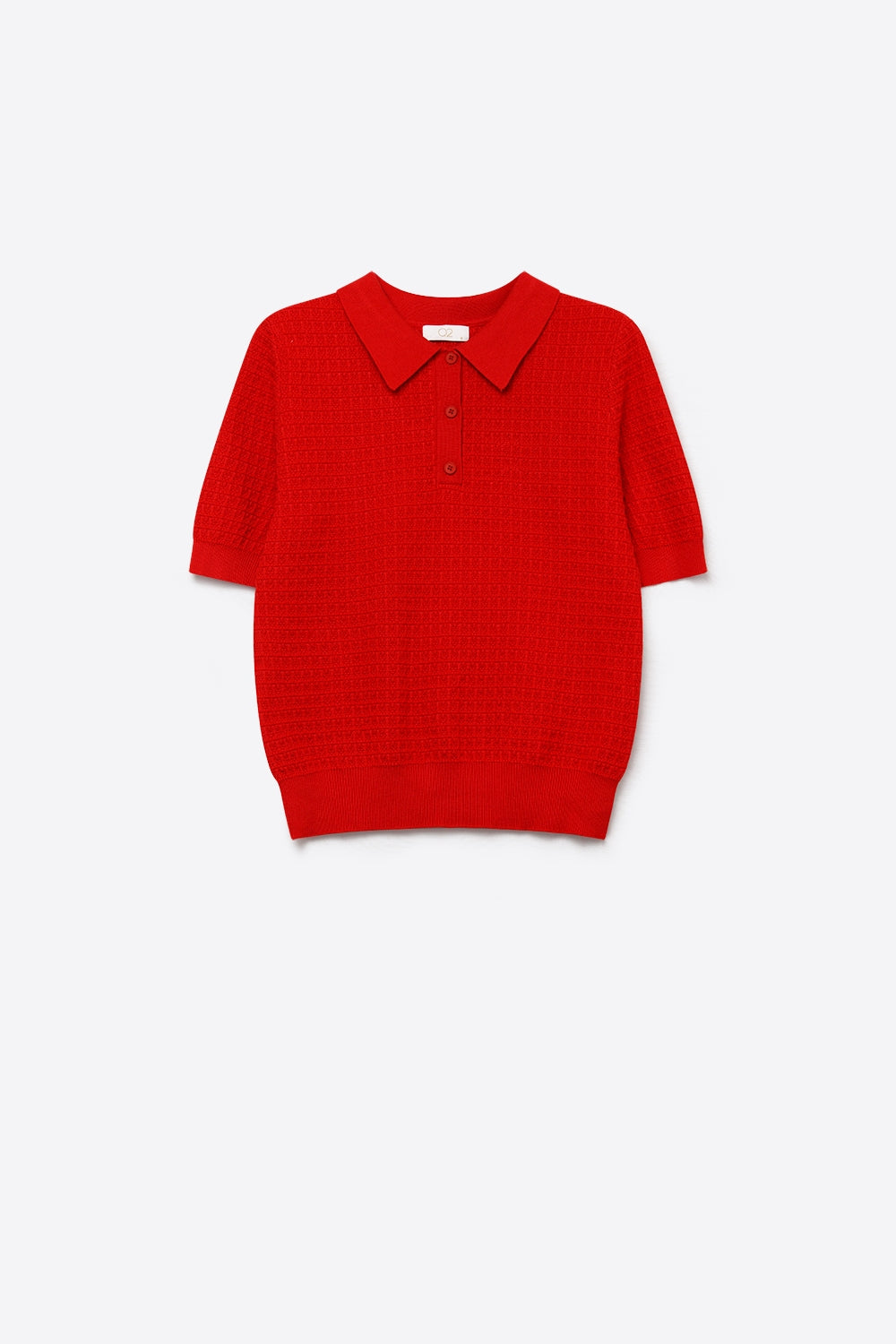 Malha de Waffle com Abotoamento Polo em vermelho com Manga Curta