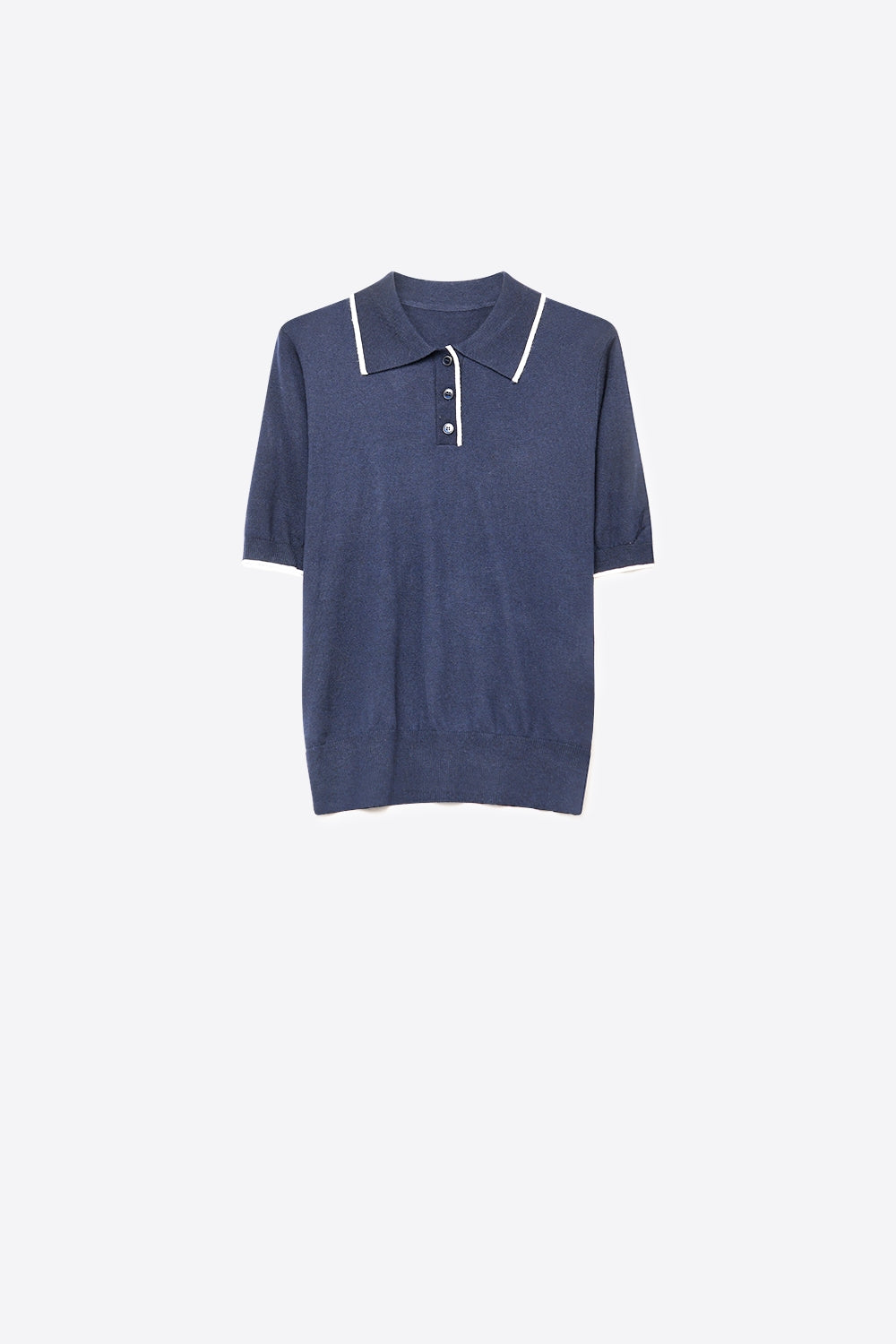 Suéter de Malha Fina Azul Marinho com Gola Contrastante e Decote Polo com Botão