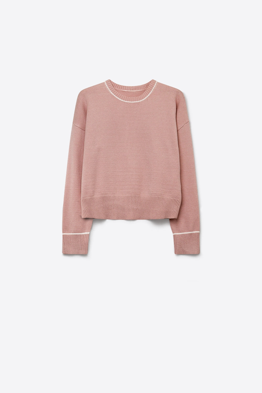 Suéter Top Rosa Chunky Tricô com Acabamento Branco Recortado de Ajuste Regular