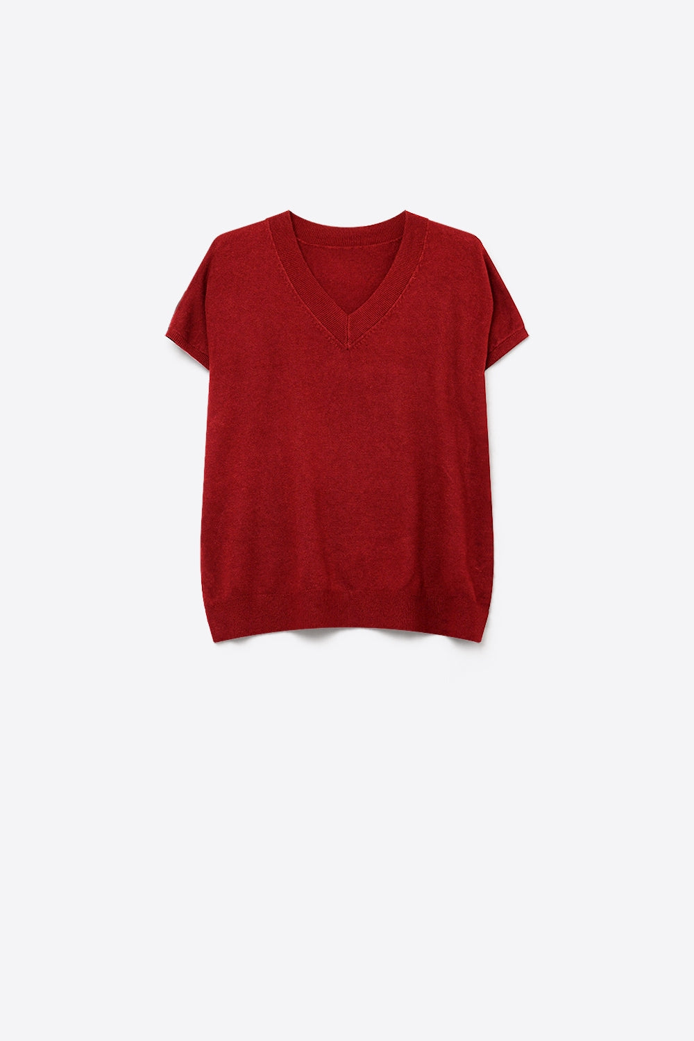 Suéter V-Neck de Malha Fina Borgonha com Mangas Curtas Dolman de Ombro Caído