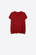 Suéter V-Neck de Malha Fina Borgonha com Mangas Curtas Dolman de Ombro Caído