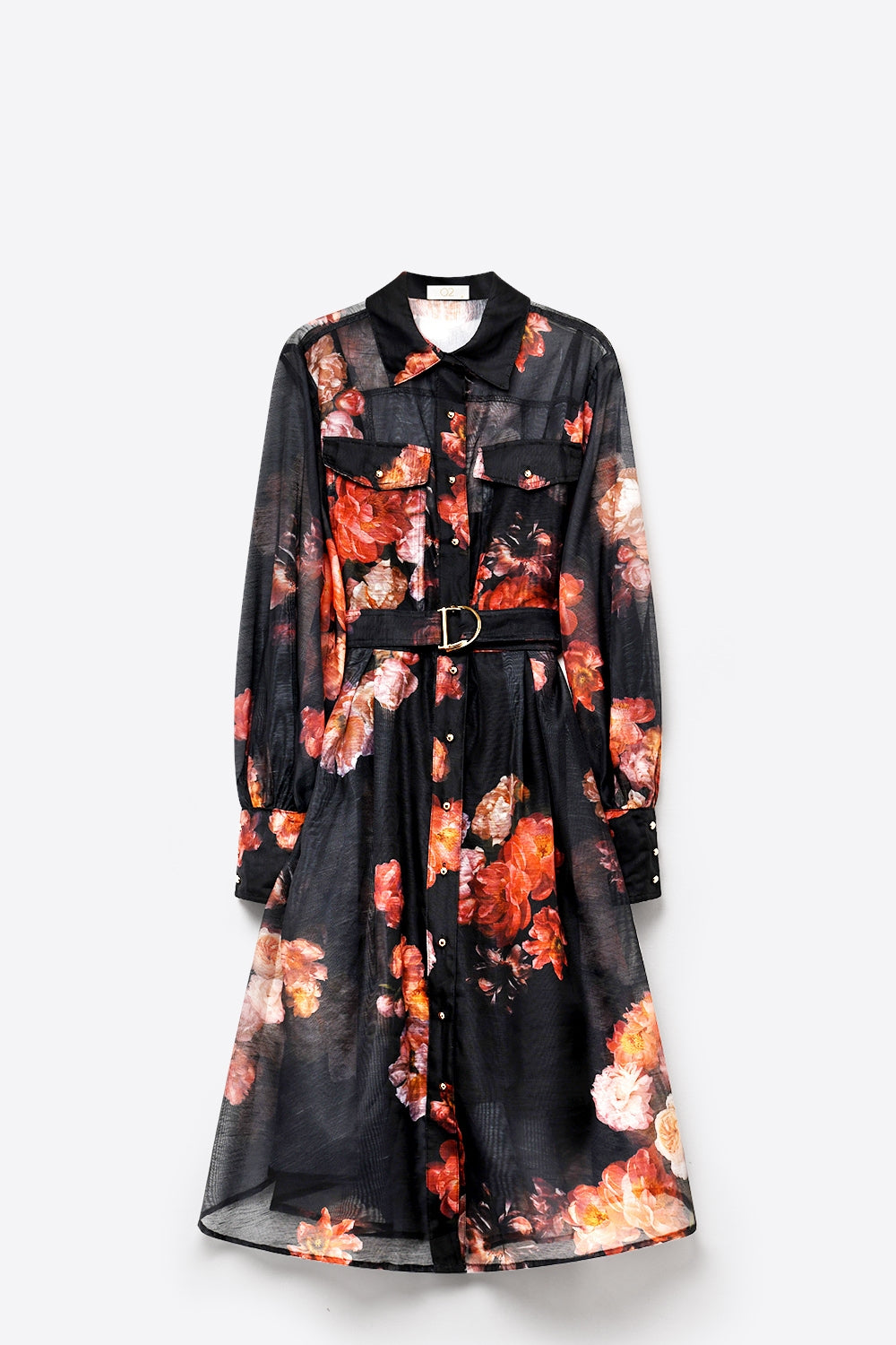 Vestido Camisa Midi Preto com Estampa Floral Transparente com Cinto e Mangas Longas