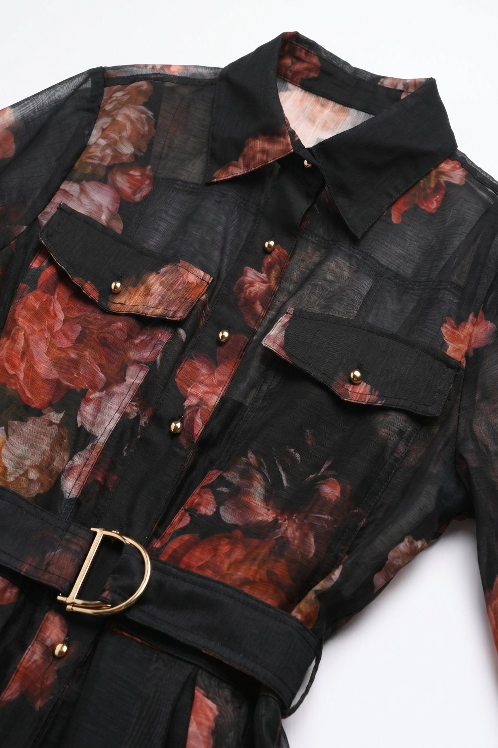 Vestido Camisa Midi Preto com Estampa Floral Transparente com Cinto e Mangas Longas