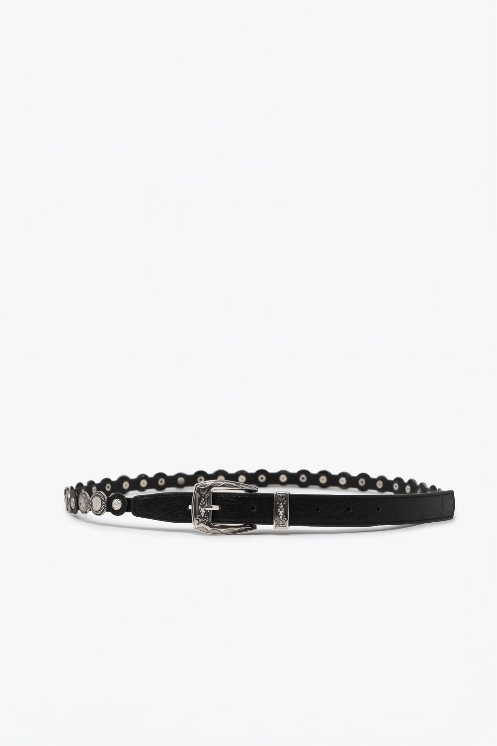 Cinto Preto de Couro Sintético com Ilhós e Fivela Slim no Estilo Western